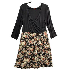 MODCLOTH Women Dress Mixed Media Wrap Top 3/4 Sleeve Sz XL Black Floral 34-7
